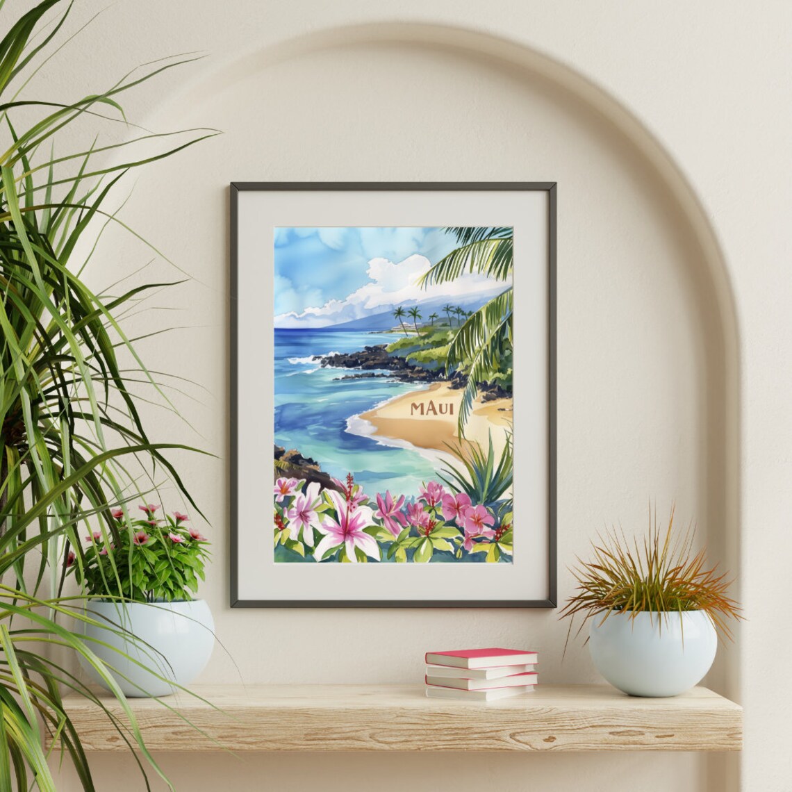 Maui Rocky Cove Palm Beach Hibiscus Watercolor Travel Poster - Image 3