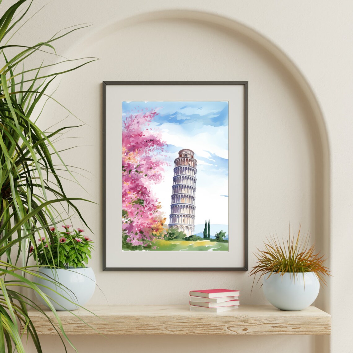 Leaning Tower of Pisa with Pink Blossoming Trees Watercolor Poster - Image 3