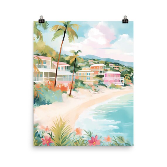 Virgin Islands Colorful Beach Houses Tropical Watercolor Caribbean Print
