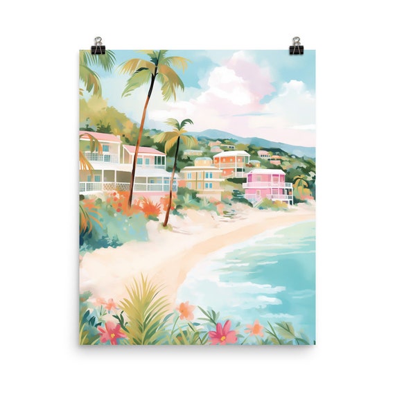 Virgin Islands Watercolor Print Caribbean Wall Art Tropical Island Gift Colorful Seaside Houses Poster Turquoise Waters Palm Tree