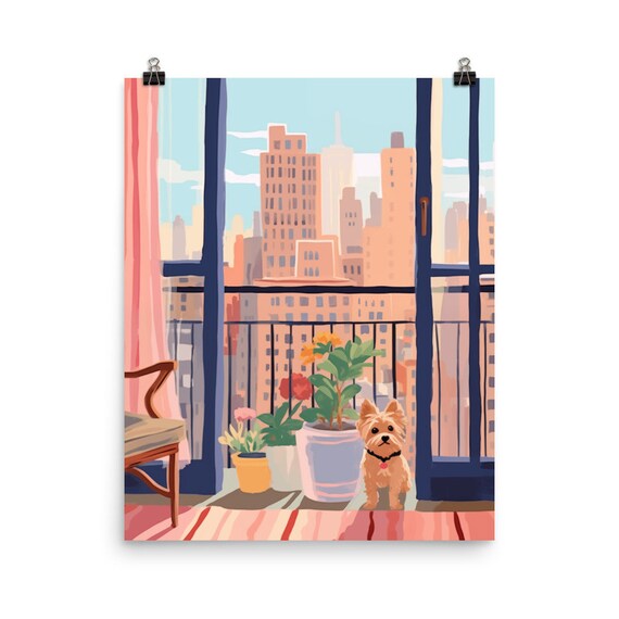 NYC Yorkie Watercolor Print, New York Travel Poster