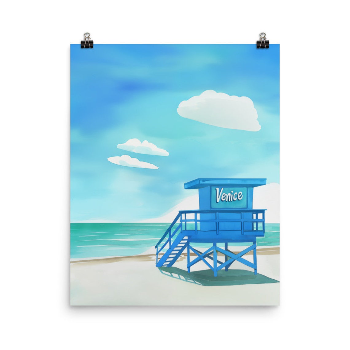 Venice Blue Lifeguard Tower White Sand Beach Watercolor Poster