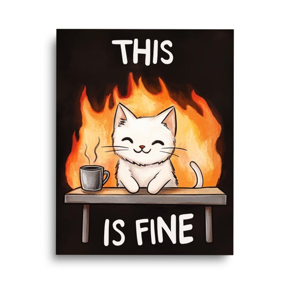 This Is Fine Watercolor Print Funny Pet Home Decor Cat Wall Art Quirky Kitten Poster Cats Gift Meme Artwork Feline Kitty
