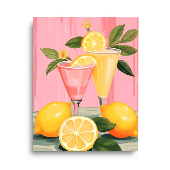 Mojito Lemon Cocktail Glasses Pink Background Retro Bar Poster Art