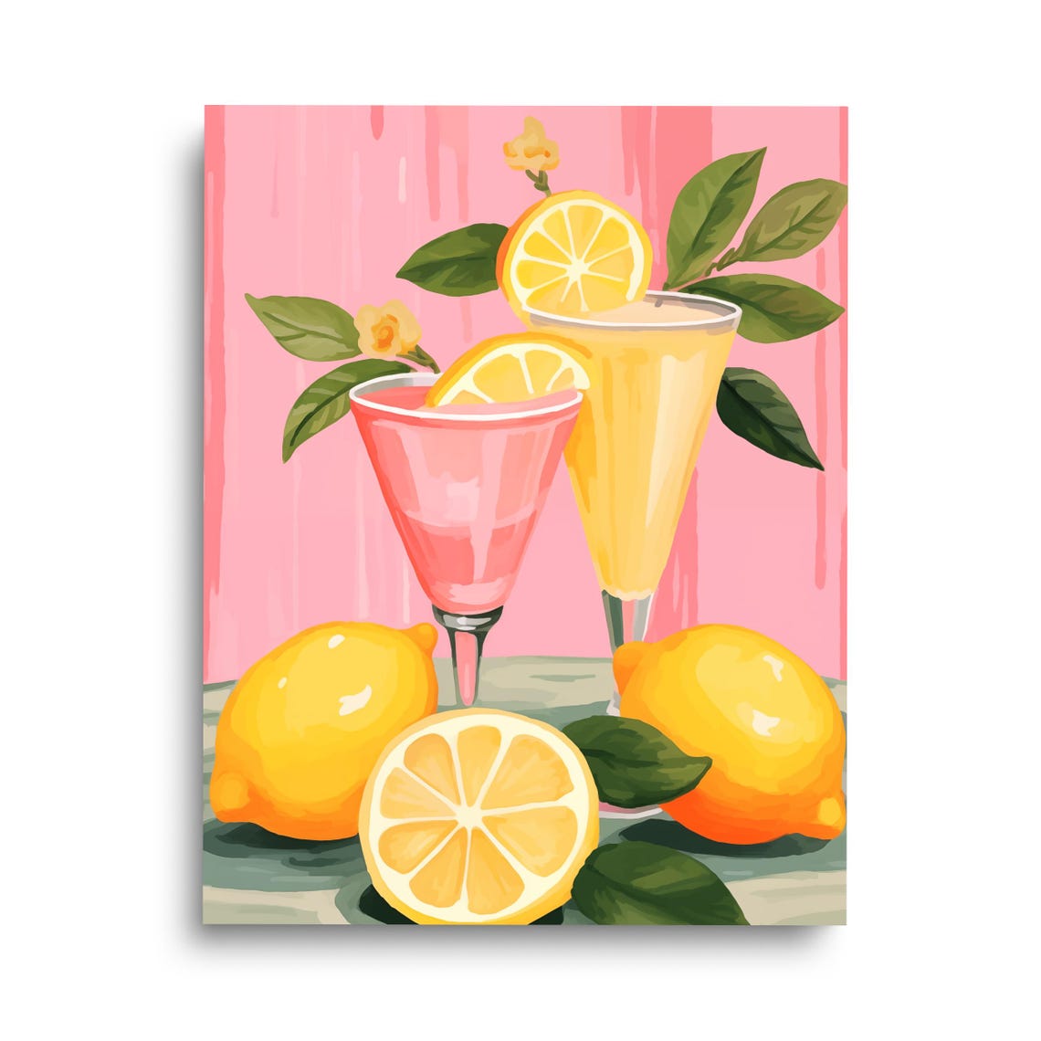 Mojito Lemon Cocktail Glasses Pink Background Retro Bar Poster Art
