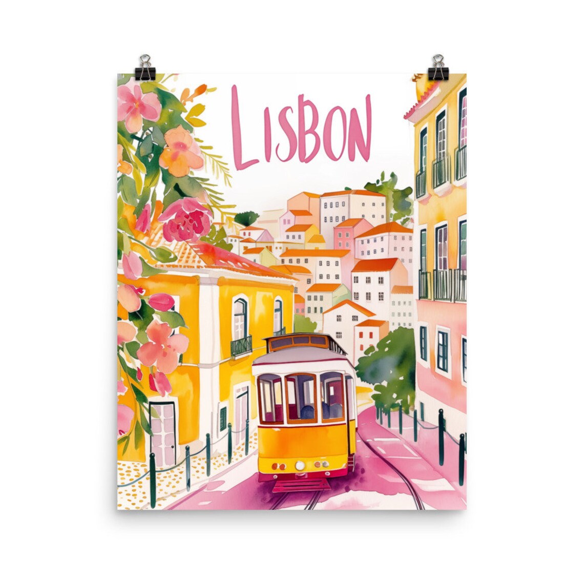 Lisbon Yellow Tram Poster with Alfama Houses and Pink Flowers