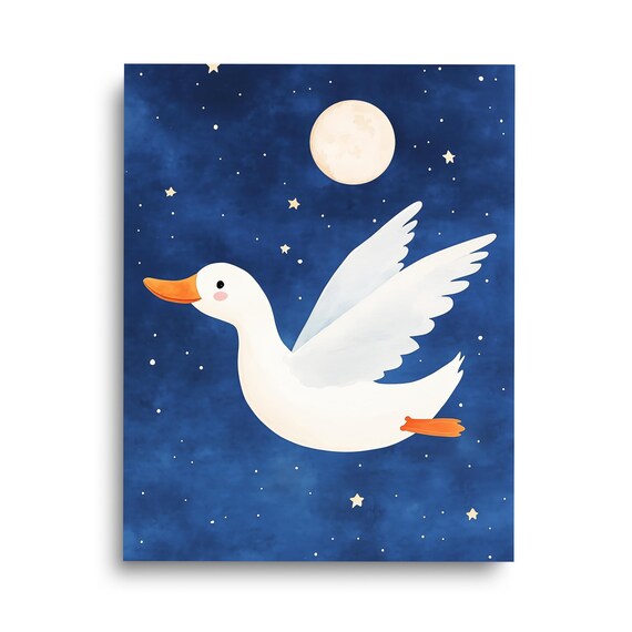 Flying White Goose Moon Stars Navy Night Sky Nursery Art Poster