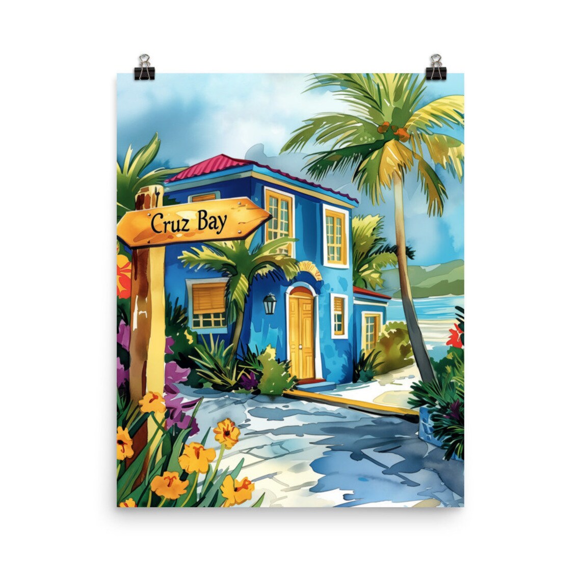 Cruz Bay Blue House Palm Trees Caribbean Watercolor Travel Poster