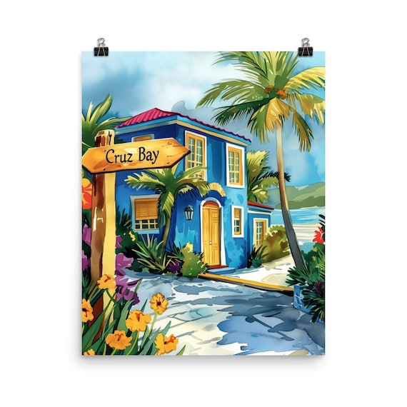 Cruz Bay Blue House Palm Trees Caribbean Watercolor Travel Poster