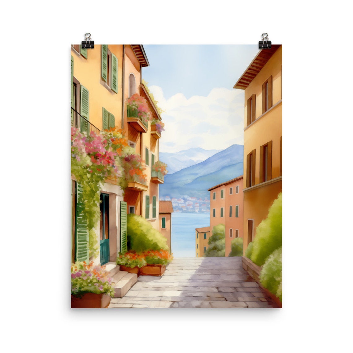 Bellagio Flower Lined Cobblestone Lane Down to Lake Como Art Poster