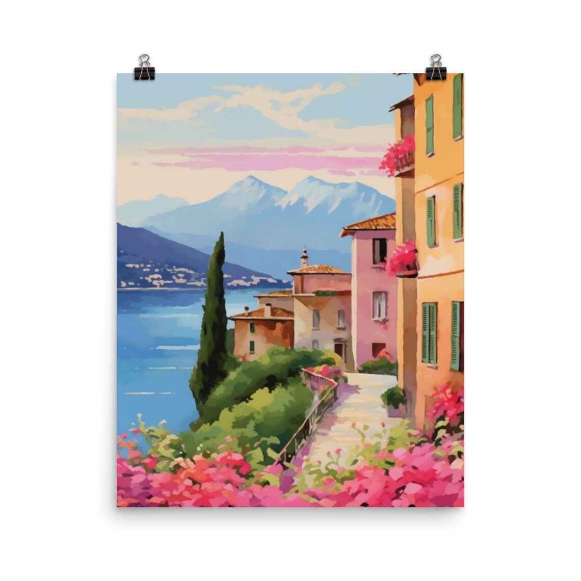Lake Garda Lakeside Path with Colorful Houses and Cypress Poster