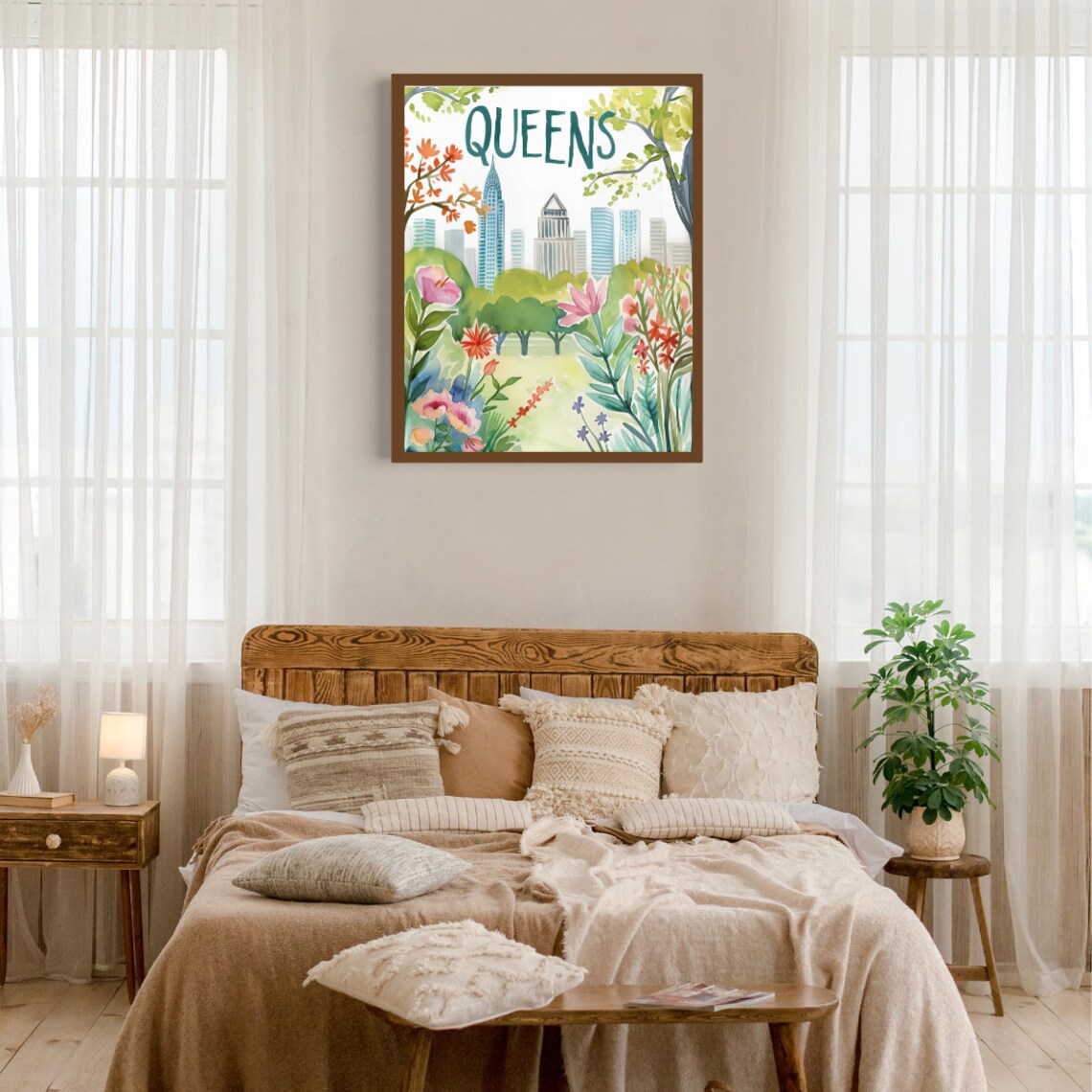 Queens Spring Garden Floral Skyline Watercolor New York Poster - Image 3