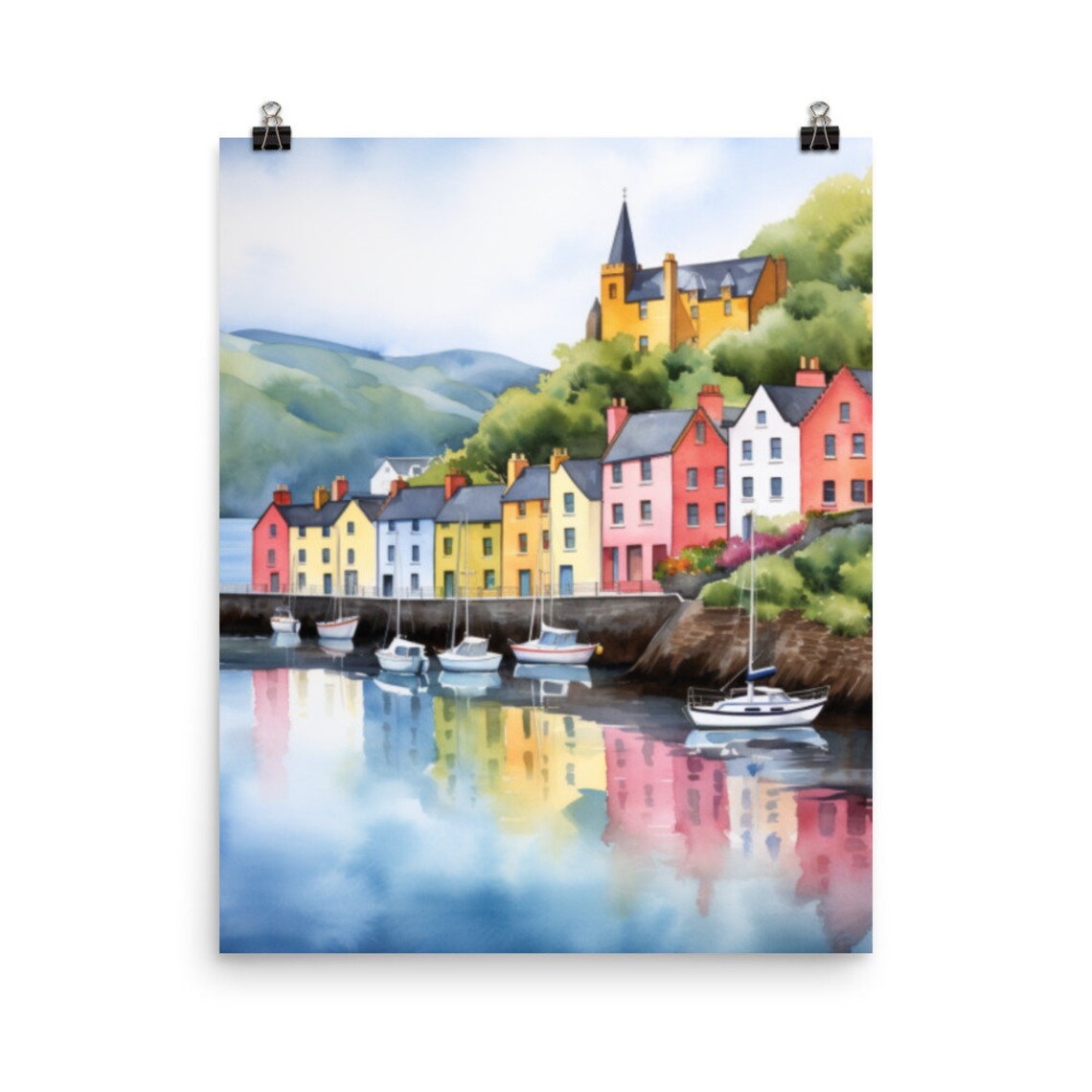 Portree Watercolor Travel Poster, Scotland Waterfront