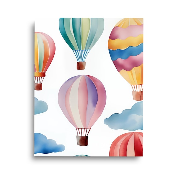 Pastel Hot Air Balloons Watercolor Print Nursery Wall Art Home Decor Balloon Poster Play Room Kids