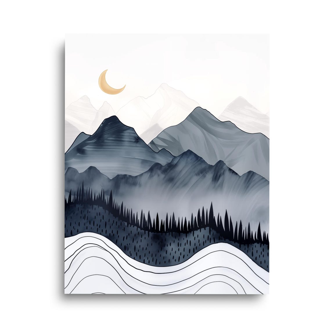 Crescent Moon Over Misty Mountains Boho Night Watercolor Poster