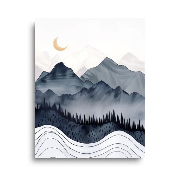 Crescent Moon Over Misty Mountains Boho Night Watercolor Poster