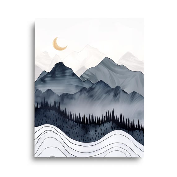 Crescent Moon Valley Watercolor Print Boho Wall Art Minimalist Night Landscape Home Decor Mountain Line Abstract Neutral Artwork