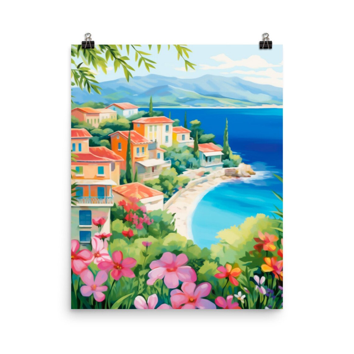 Corfu Ionian Sea Coastal Village with Pink Flowers Watercolor Poster
