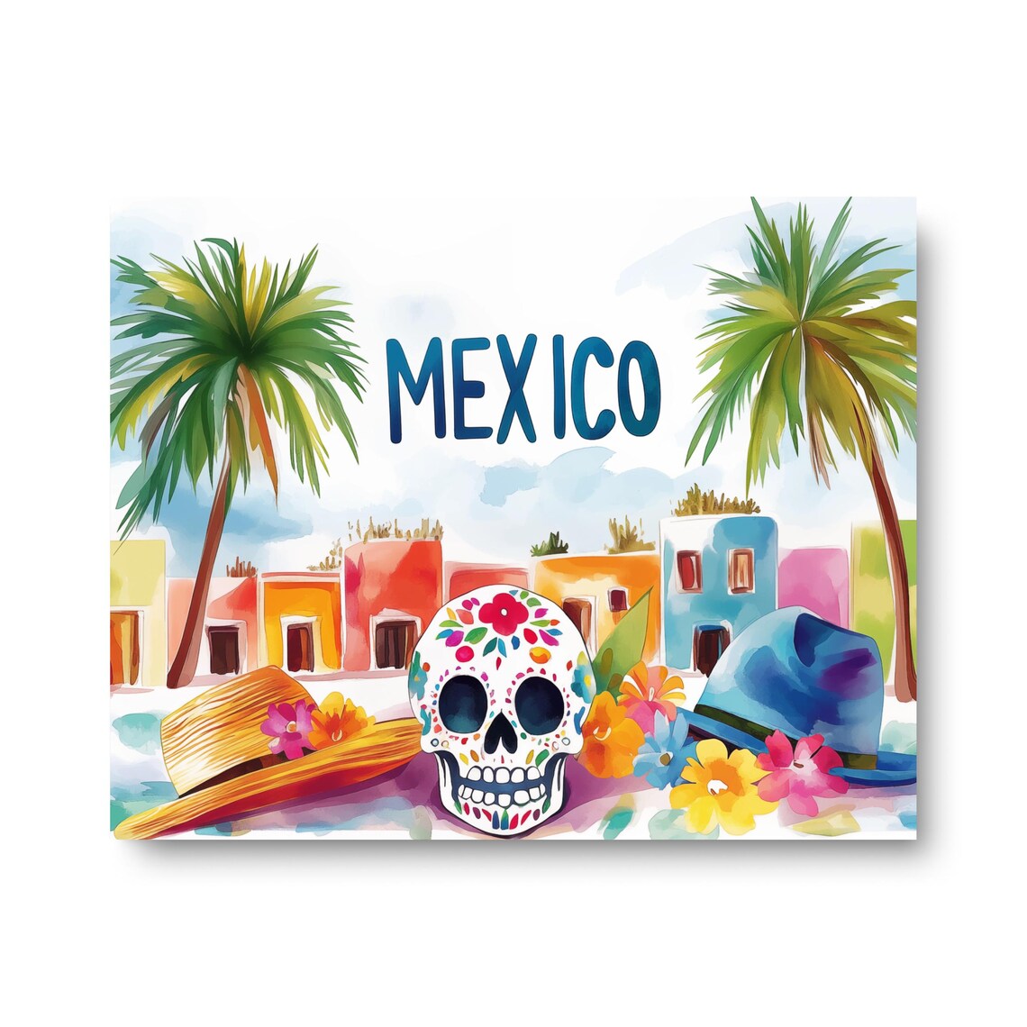 Mexico Sugar Skull Day of the Dead Watercolor Tropical Art Poster