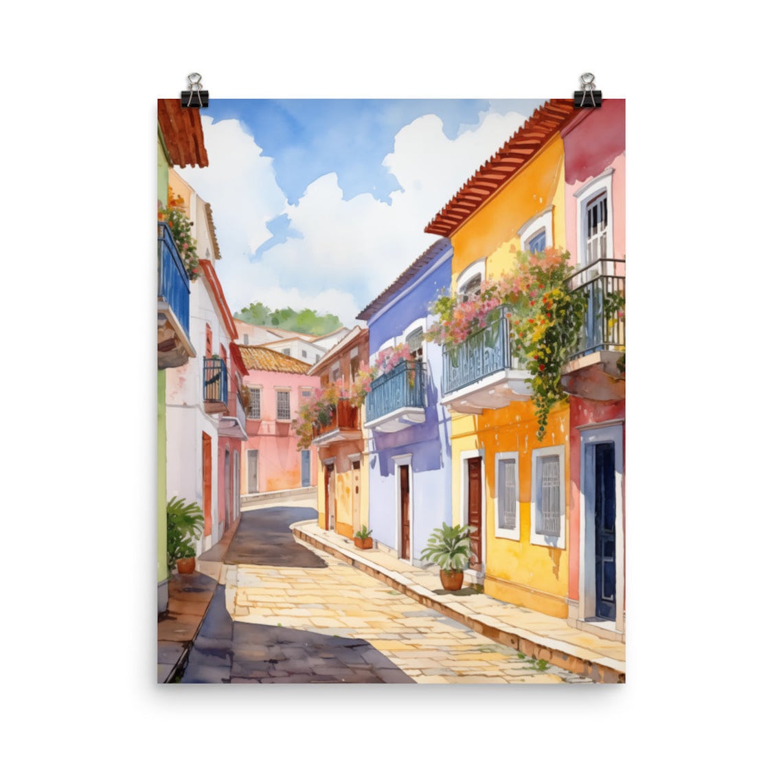 Colorful Brazilian Old Town Street Watercolor Cityscape Poster