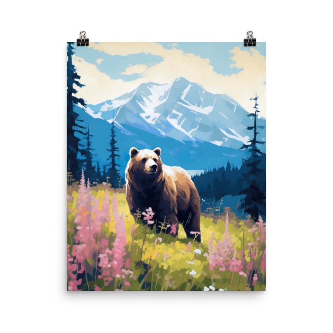 Grizzly Bear Mountain Meadow Wildflower Scenic Wildlife Poster