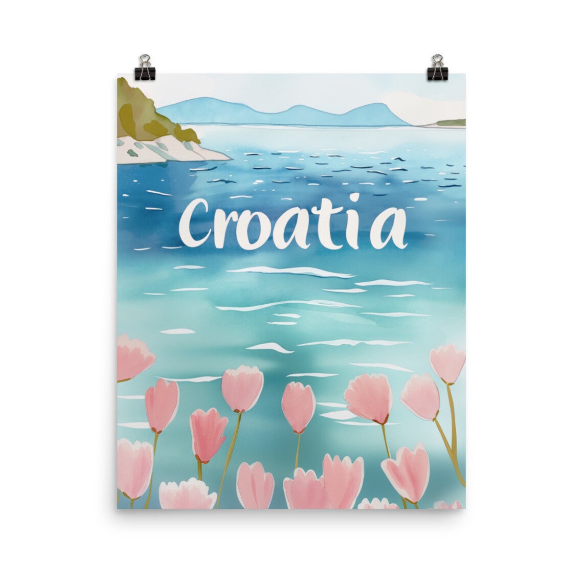 Croatia Seaside Watercolor Pink Tulips Over Adriatic Sea Travel Poster