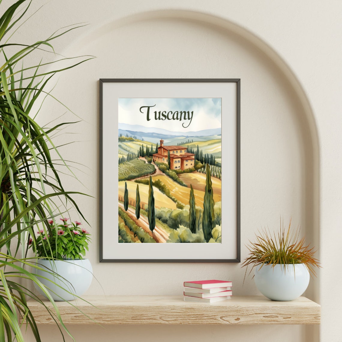Tuscany Villa on Rolling Hills with Cypress Trees Watercolor Poster - Image 3
