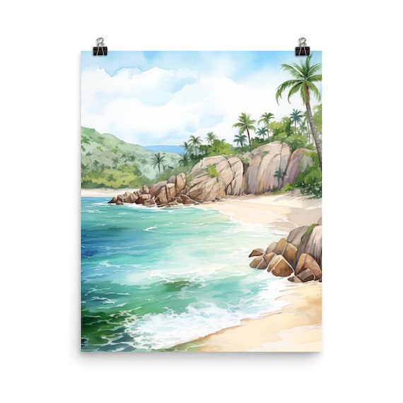 Tayrona Colombia Tropical Palm Beach Watercolor Travel Poster Art