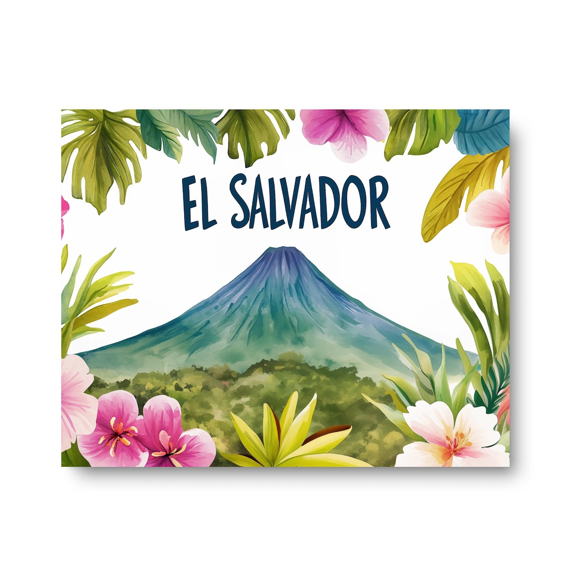 El Salvador Volcano Watercolor Tropical Floral Landscape Art Poster