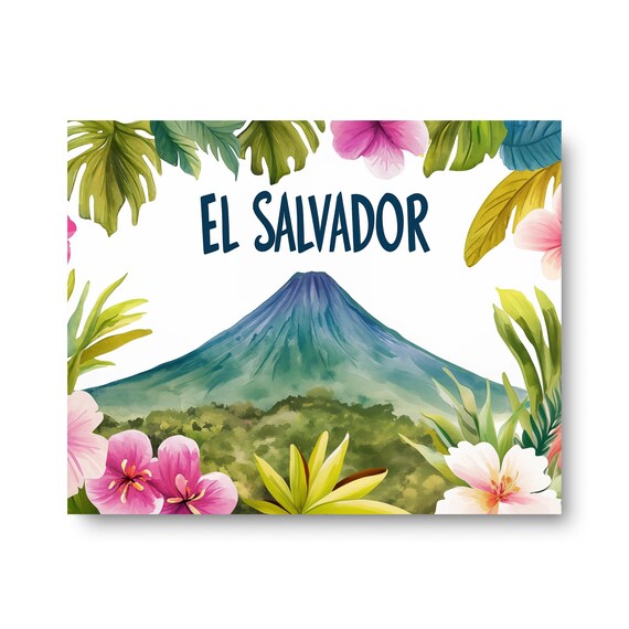 El Salvador Volcano Watercolor Tropical Floral Landscape Art Poster