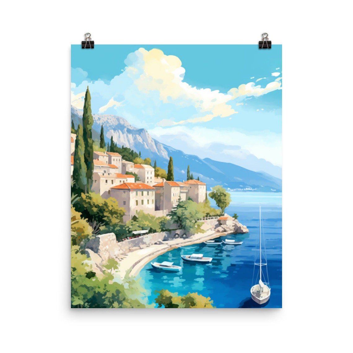 Hvar Seaside Old Town with Boats Dalmatian Coast Watercolor Poster