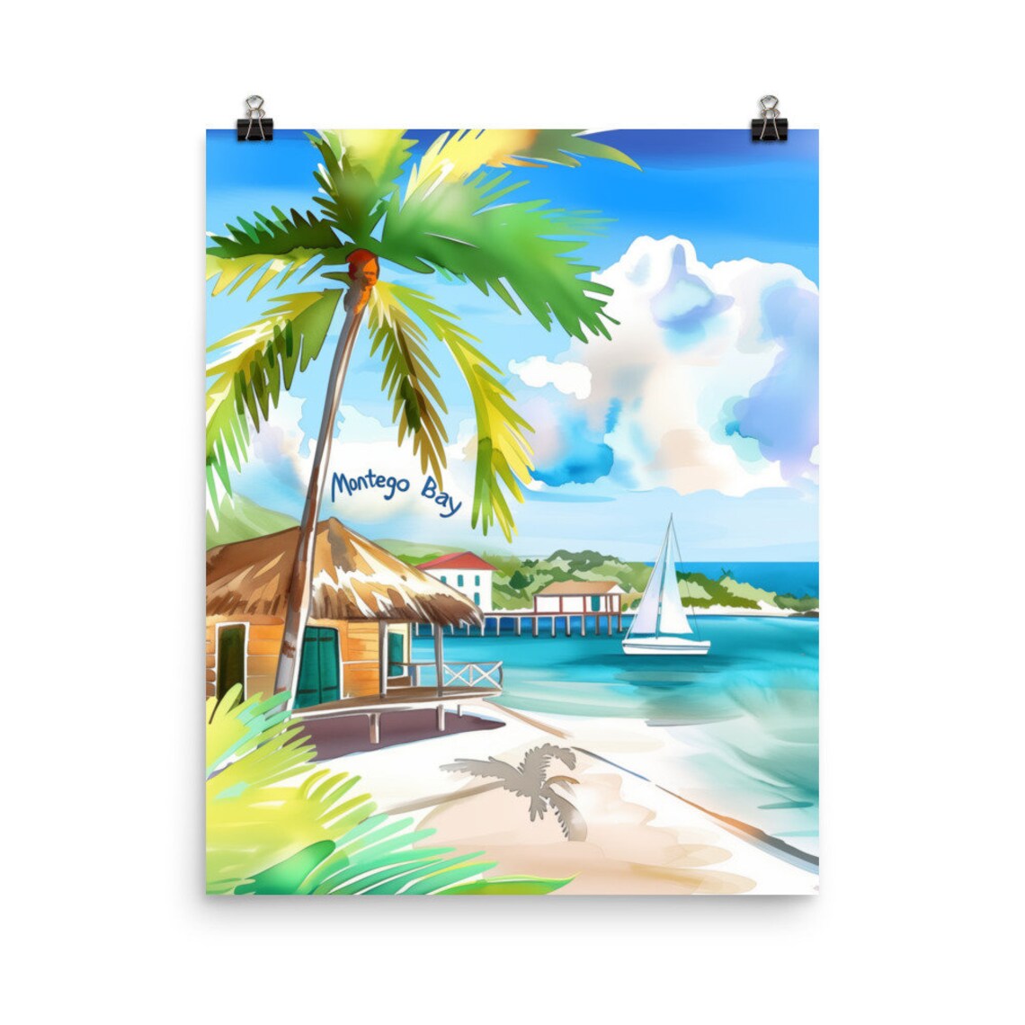 Montego Bay Jamaica Watercolor Tropical Beach Sailboat Scene Poster