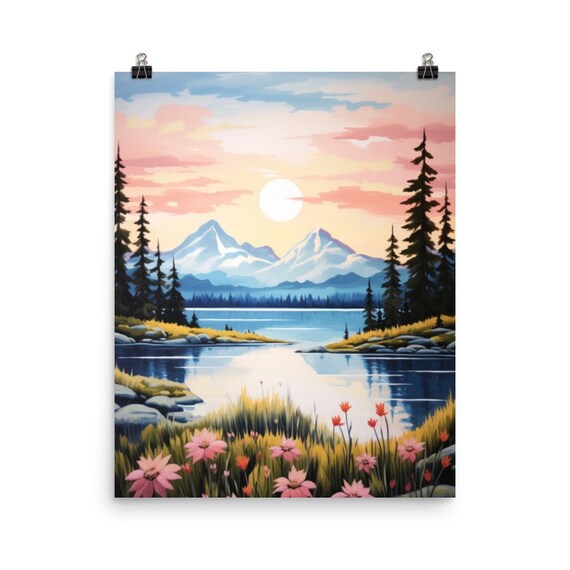 Skilak Lake Alaska Mountain Sunrise Wildflowers Nature Art Print