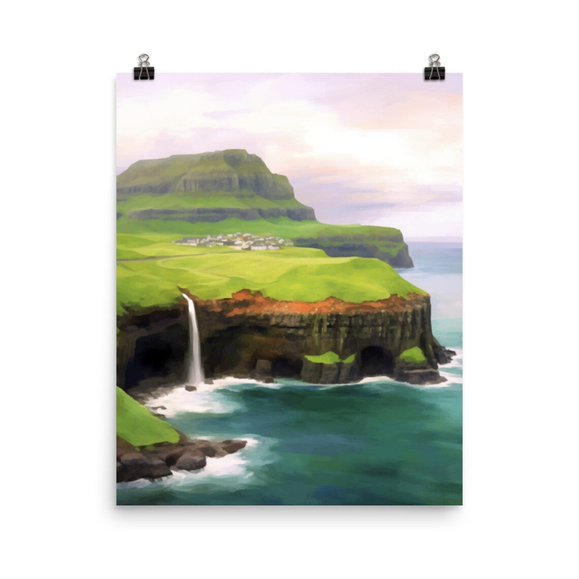 Gasadalur Watercolor Print, Faroe Islands Landscape