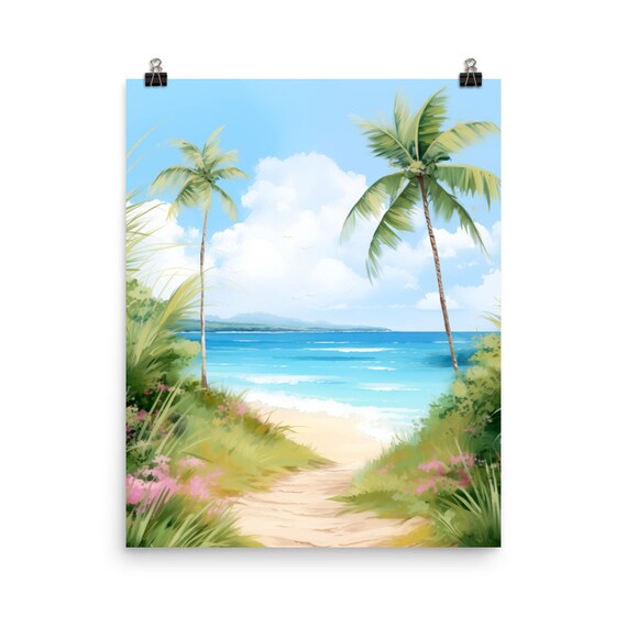 Flamenco Beach Watercolor Print, Puerto Rico Travel