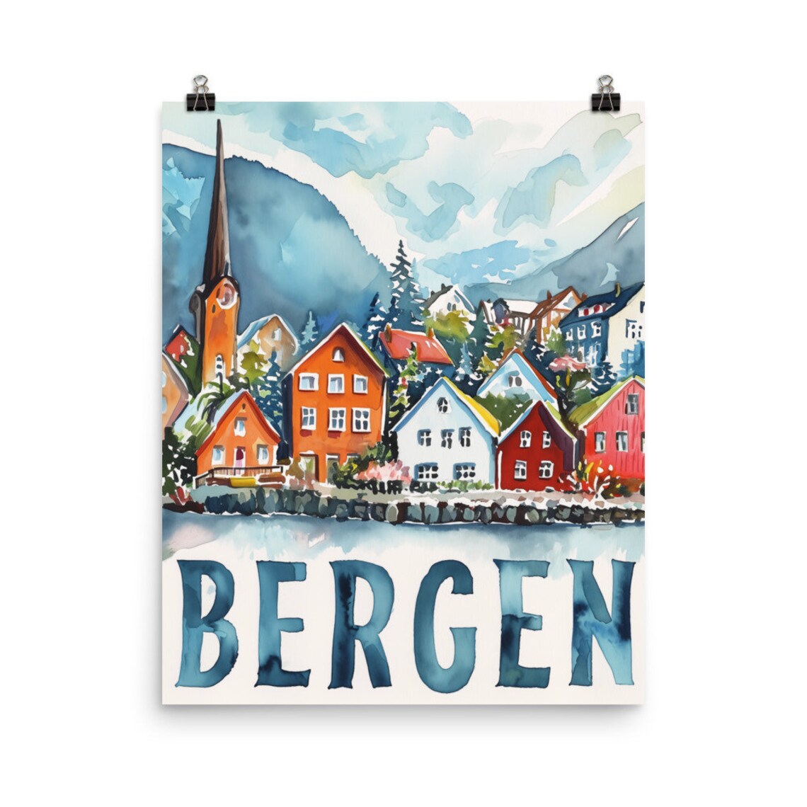 Bergen Norway Waterfront Houses and Church Steeple Watercolor Poster