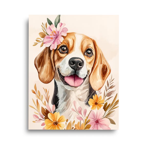 Beagle Pet Portrait Print Dog Wall Art Pets Nursery Decor Canine Poster Floral Animal Artwork Gift Cute Face
