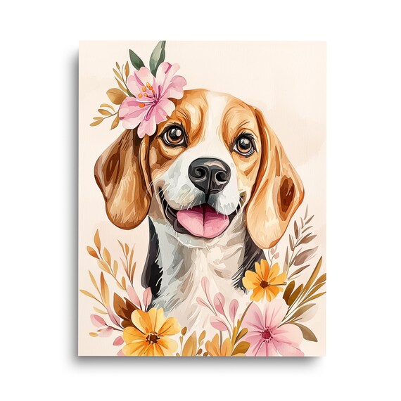 Smiling Beagle Puppy Pink Flowers Watercolor Floral Dog Portrait Print