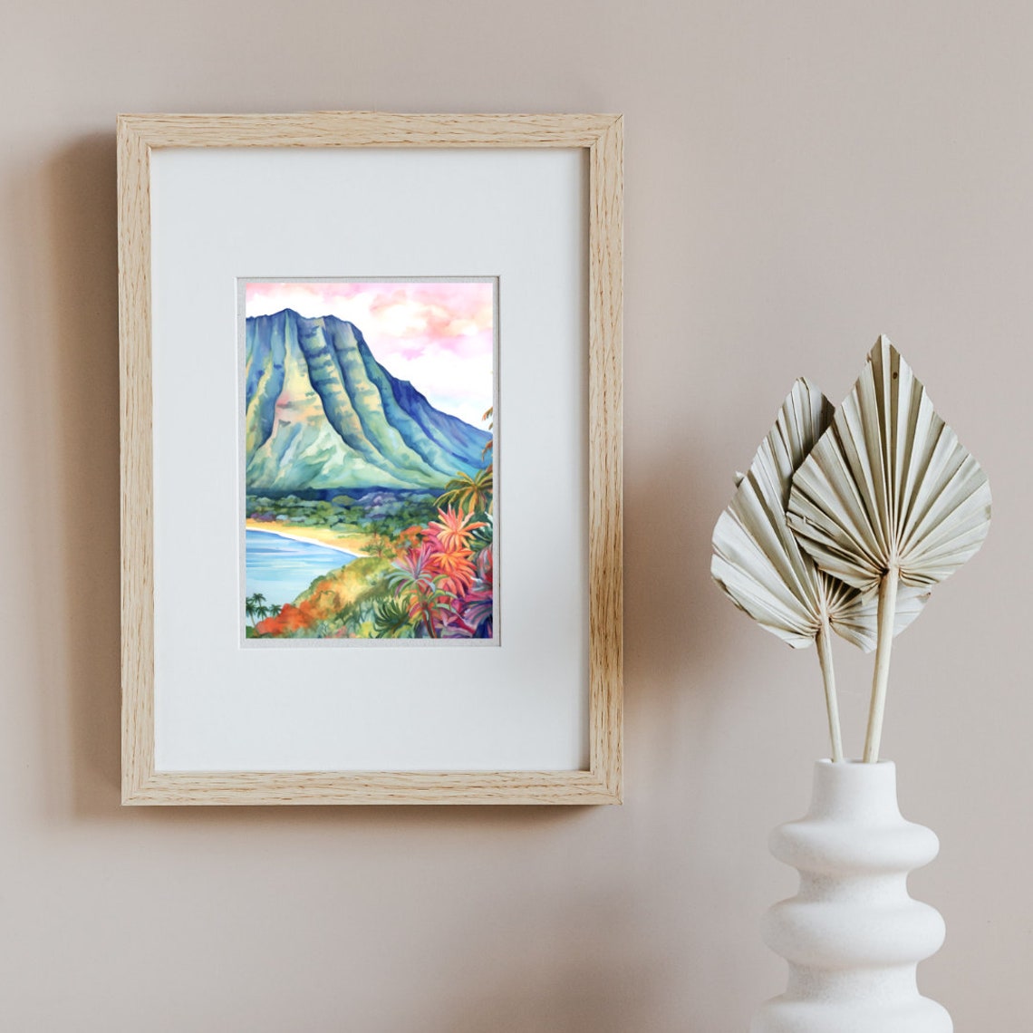 Lush Green Valley Mountain Over Tropical Beach Flowers Poster - Image 2