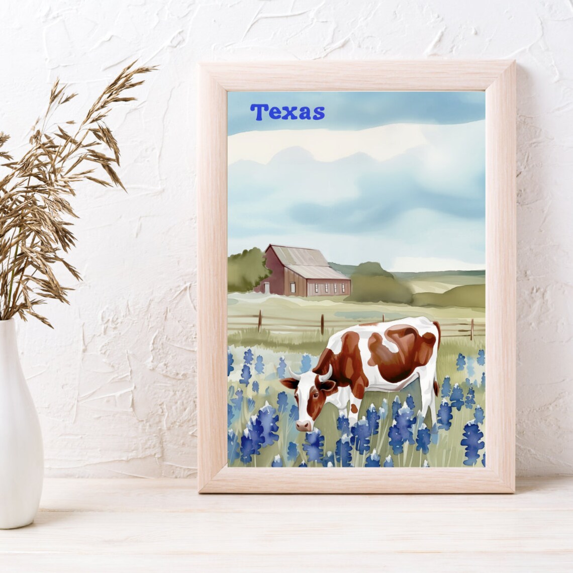 Texas Bluebonnet Field With Grazing Cow and Red Barn Watercolor Poster - Image 3