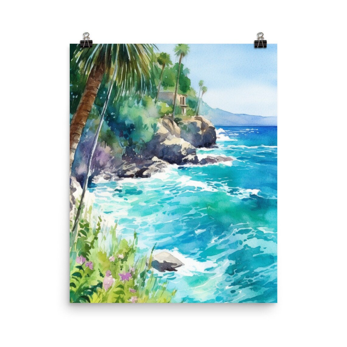 Jamaica Shore Watercolor Tropical Travel Poster