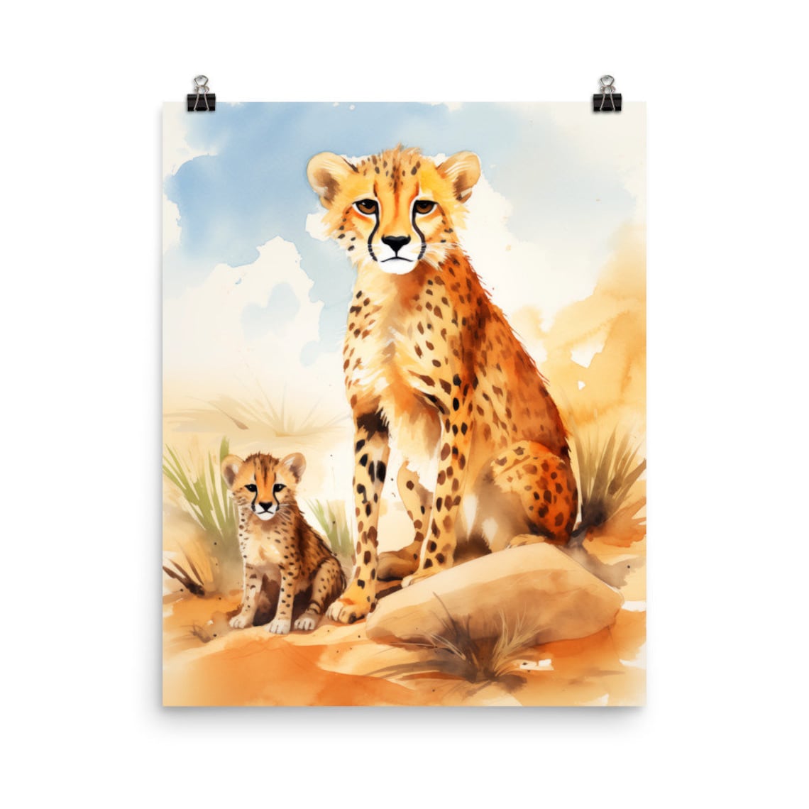 Saharan Cheetah Mother and Cub Sunlit Desert Watercolor Poster