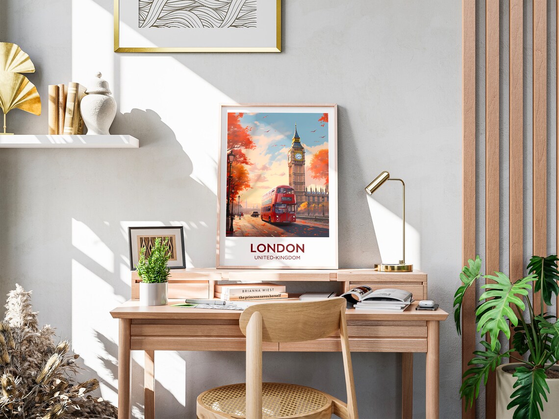 London Travel Poster, Big Ben Red Bus Watercolor Print - Image 3