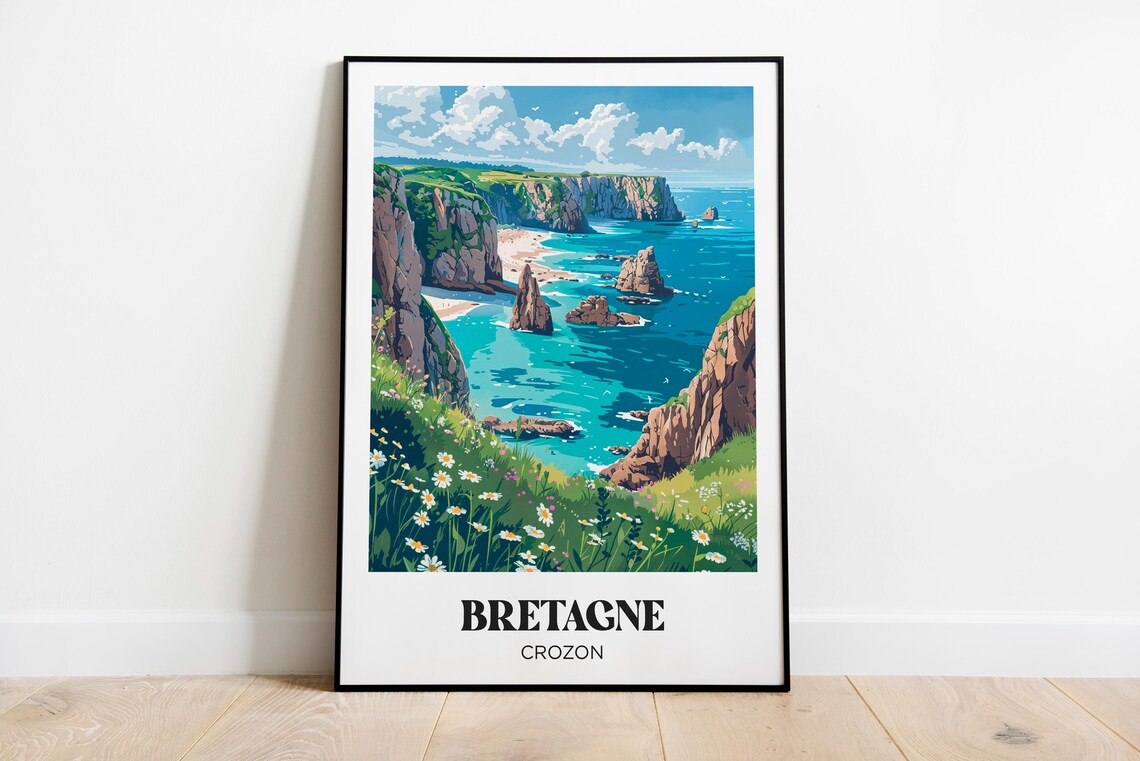 Bretagne Crozon France Sea Cliffs Sea Stacks Wildflowers Travel Poster