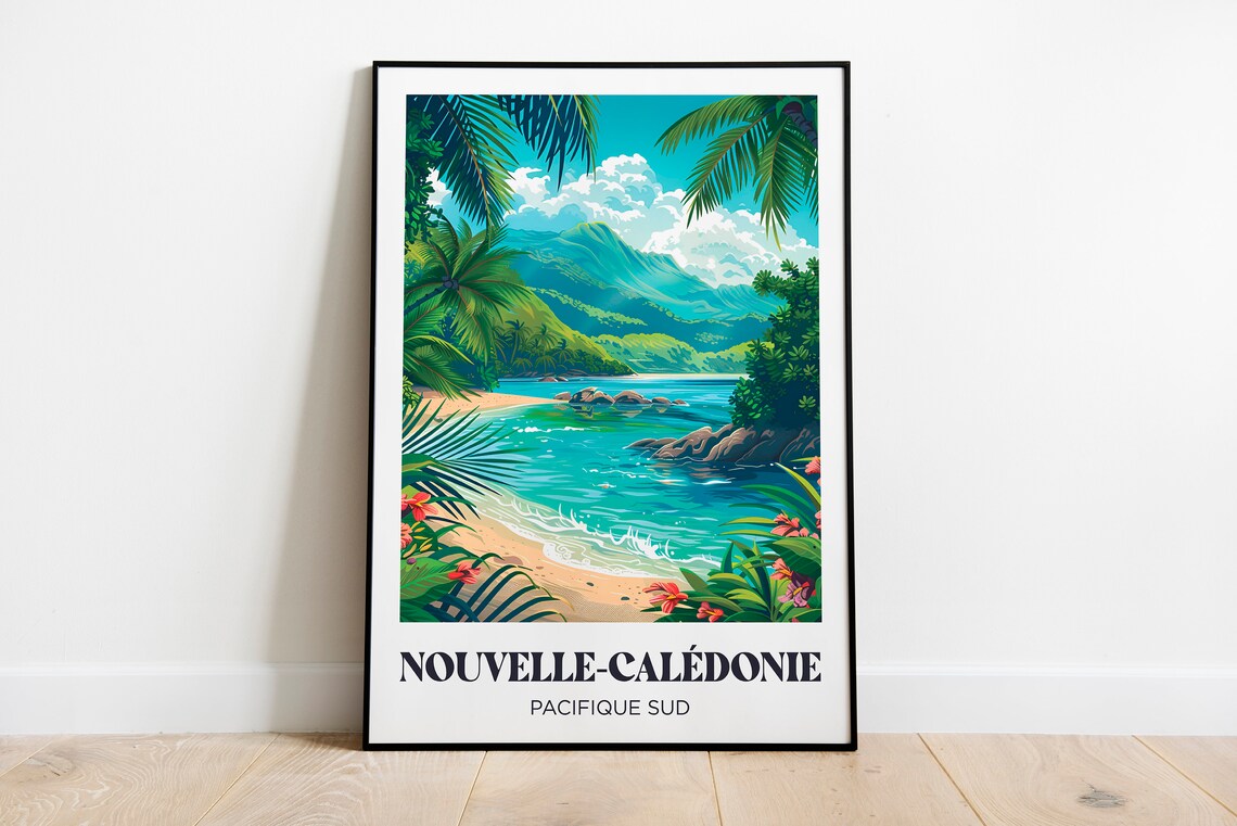 New Caledonia Travel Poster, Nouma Beach Illustration
