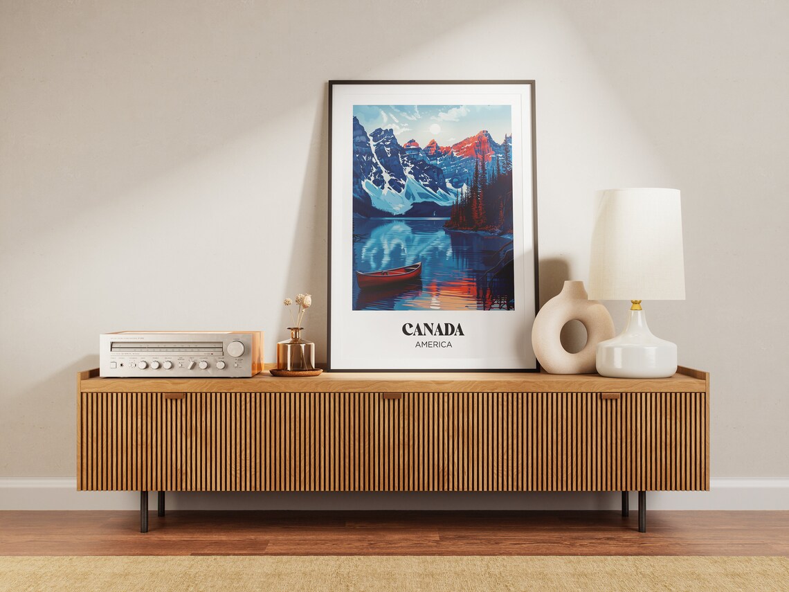 Canada Vintage Alpine Lake Red Canoe Snowy Peaks Travel Poster - Image 3
