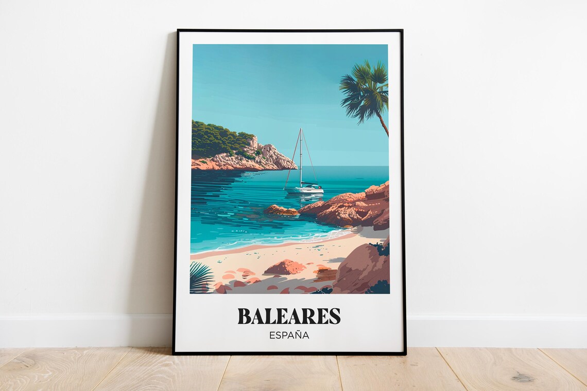 Baleares Spain Sailboat Cove Rocky Beach Turquoise Sea Travel Poster