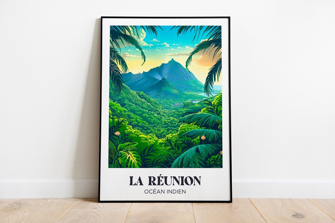 La Reunion Indian Ocean Volcanic Peaks Jungle Retro Travel Poster