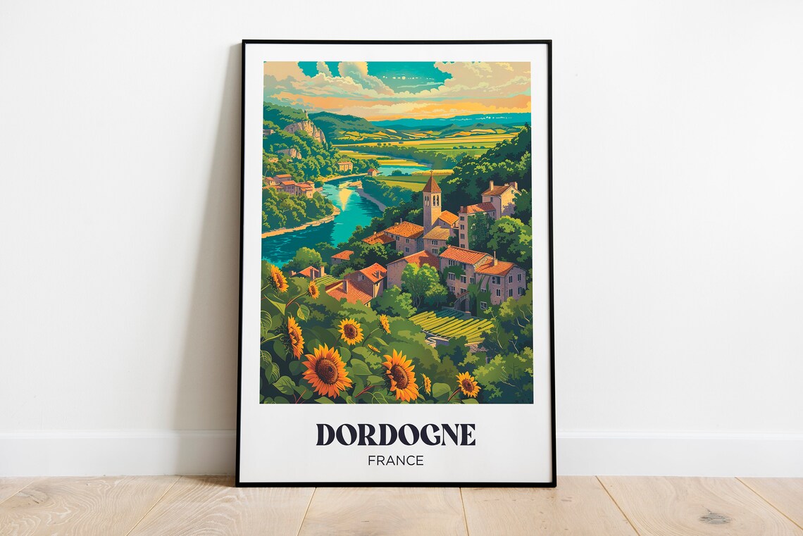 Dordogne France River Valley Village Church Tower Travel Poster