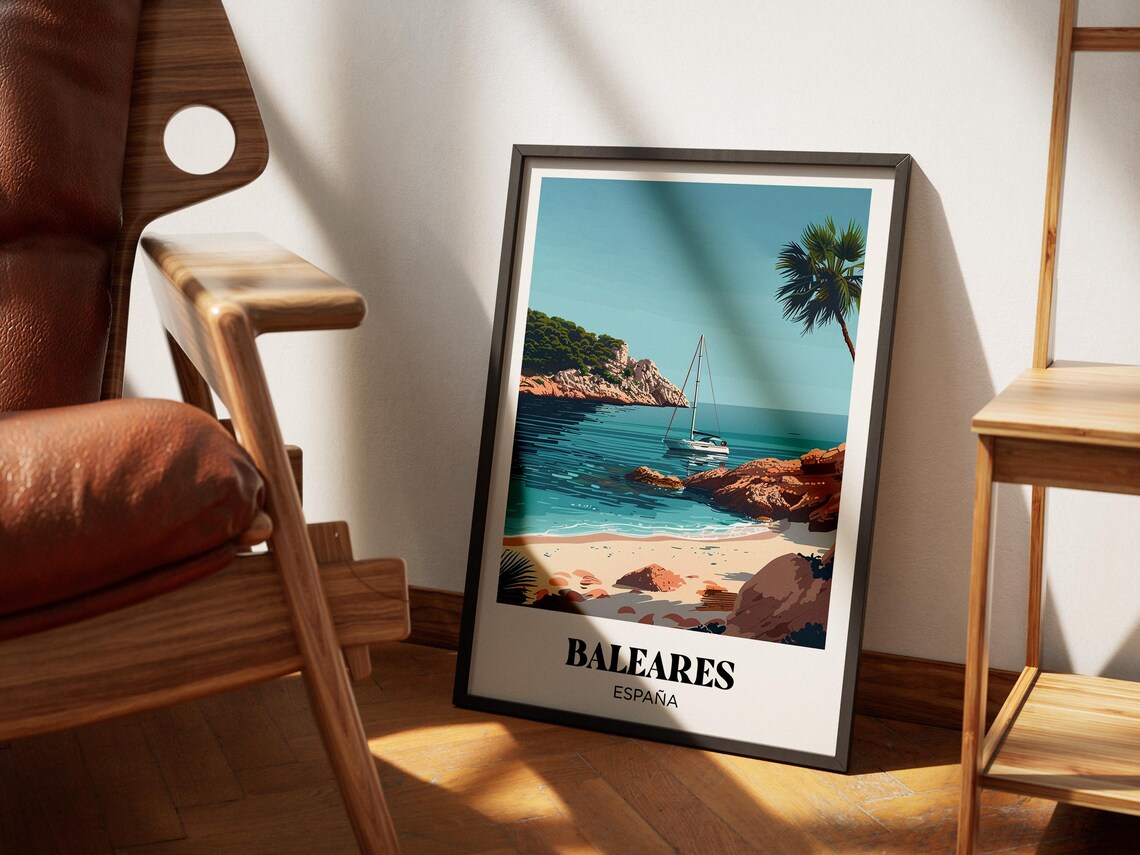 Baleares Spain Sailboat Cove Rocky Beach Turquoise Sea Travel Poster - Image 4